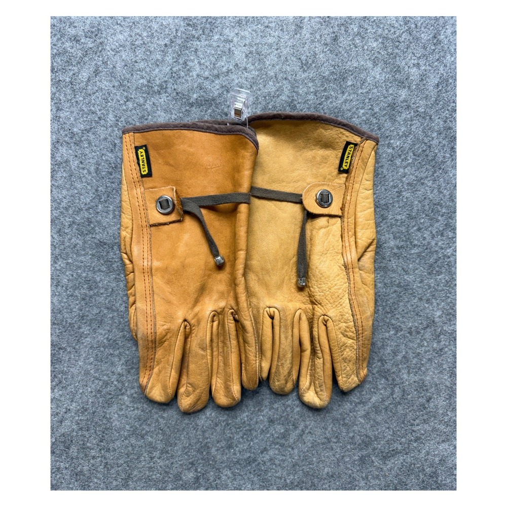 Vintage Stanley Leather Work Gloves Tan Suede Lined Snap Wrist Strap Mens Medium